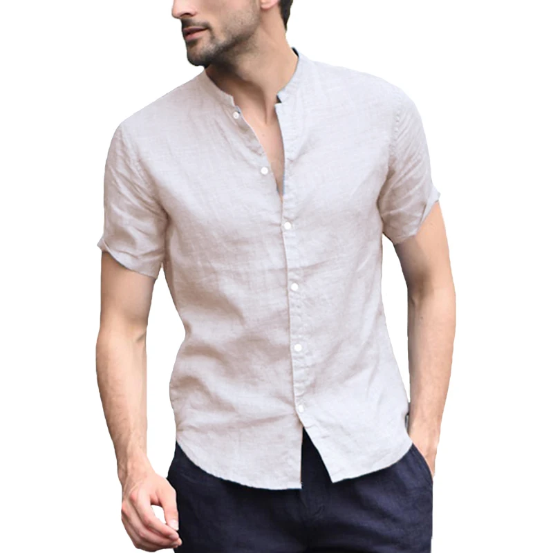 INCERUN,, модная мужская рубашка с коротким рукавом, стоячий воротник, уличная одежда, топы, одноцветные, мужские повседневные брендовые рубашки, Camisa Masculina - Цвет: Beige Shirt