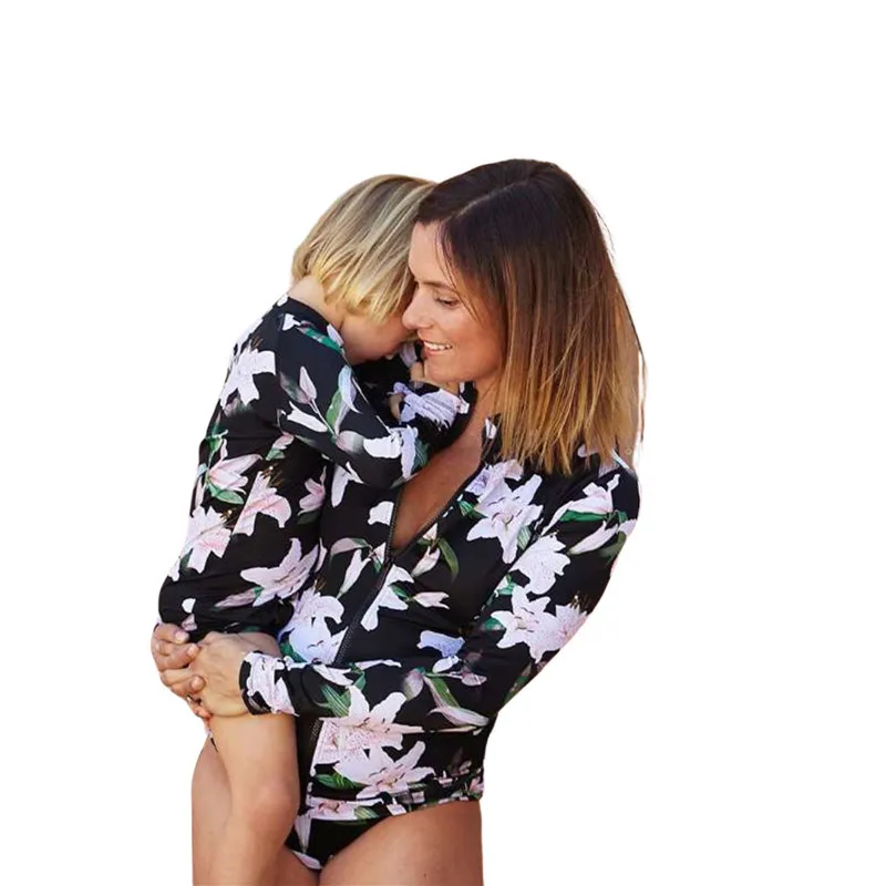 Parent-Child Floral Printed One-piece Swimsuit Long Sleeve Front Zipper Swimwear Sun-proof Diving Suit Beachwear Girls Bikini