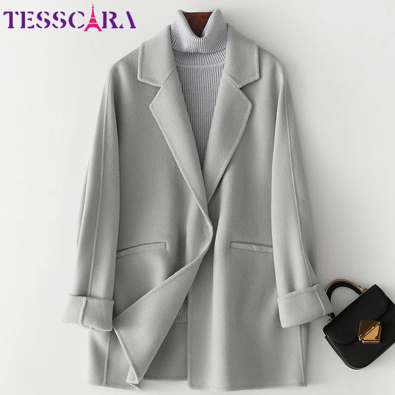 Light Green TESSCARA женский осенне-зимний элегантный шерстяной смешанный простая куртка-пальто женские высококачественные розовые Кашемировые Куртки Верхняя одежда и пальто - Цвет: Light Green