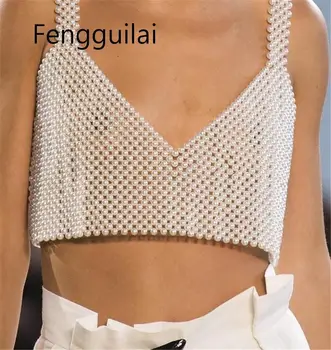 

FENGGUILAI Women Ladies Festival Pearl Crop Tops Metal Body Chain Sexy Club Party Summer Beach Sling Bra Top Vest White Black