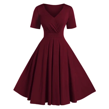 

ROSEGAL Plus Size A Line Solid V Neck Vintage Dress High Waist Mid-Calf Dress Short Sleeves Fit And Flare Dress Elegant Series