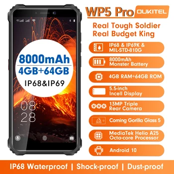 

OUKITEL WP5 Pro IP68 Waterproof 5.5 inches Smartphone 8000mAh Android 10 4GB 64GB Mobile Phone Triple Camera Face/Fingerprint ID