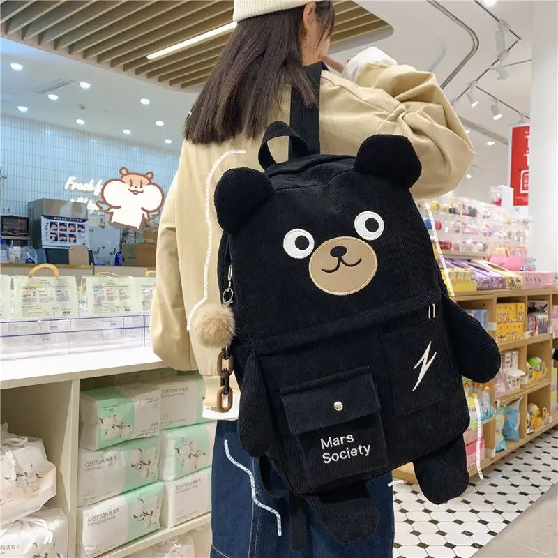 New Creative Cartoon Backpack Women Cute Bear Casual Backpacks Large Corduroy Embroidery Schoolbag For Teenage Student 2021 3