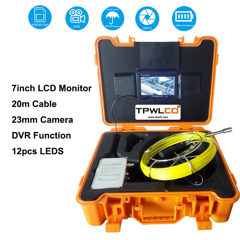 

Эндоскоп для трубопровода с цветным дисплеем 7 дюймов, система осмотра, кабель 20 м, диаметр 23 мм, головка промышленной видеокамеры с функцией DVR