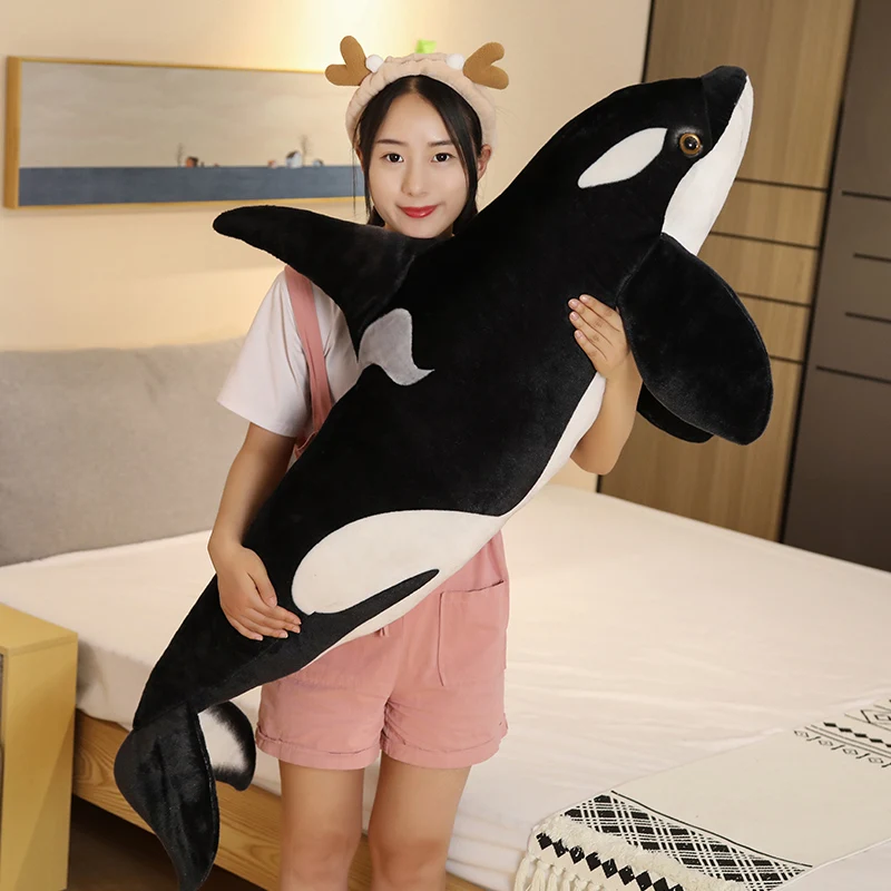 

Hot 75cm/130cm Lifelike Orcinus Orca Black Whale Plush Toys Big Fish Cloth Doll Shark Stuffed Sea Animals Children Birthday Gift