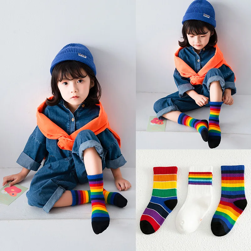 3 Pairs/Pack Autumn Winter New Children's Socks Boys And Girls Rainbow Striped In Tube Tide Socks Baby Kids Cotton Sport Socks 3