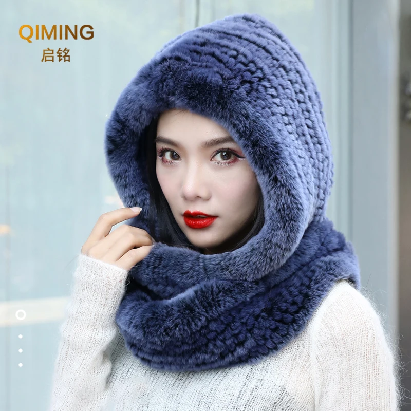 

Rex Rabbit Fur Hat Scarf one female winter Korean rabbit fur winter outdoor Bib middle-aged and elderly warm fur hat