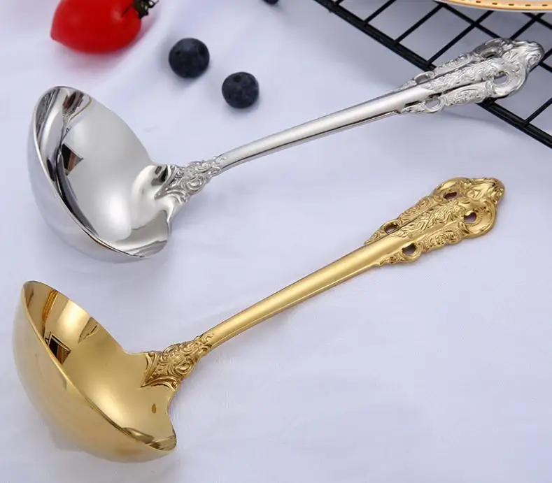 

50pcs Vintage Western Gold Plated Cutlery Dining Soup Spoon Golden Silver Luxury Stainless Steel Engraving Tableware SN1977
