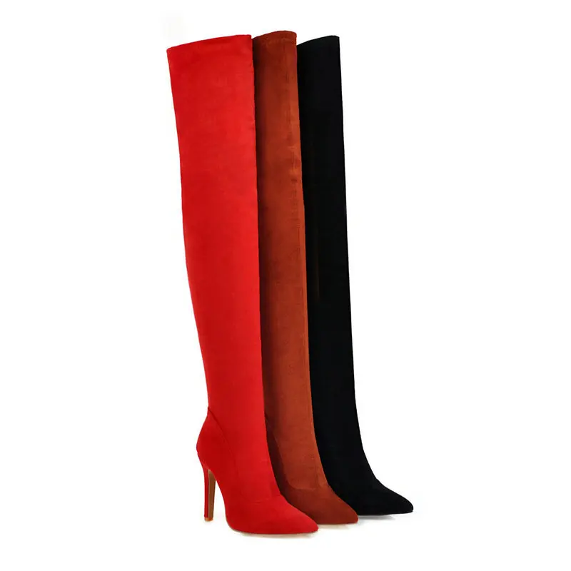 

Winter Over The Knee Boots Stretch Fabrics High Heel Women Boots Slip On Thigh High Boots Pointed Toe Woman Long Boots Plus Size