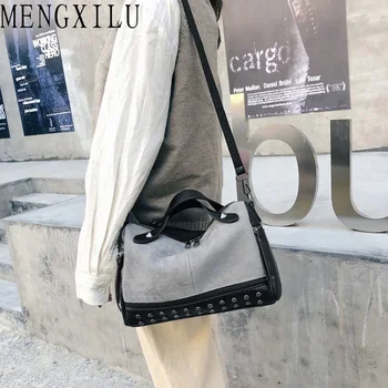

MENGXILU 2019 European and American Ladies Hand Bags Scrub Leather Moto Biker Women Crossbody Shoulder Bag Rivet Messenger Bag