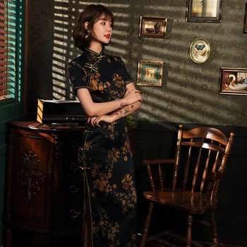 

High Split Black Print Flower Long Evening Party Dress Elegant Mandarin Collar Cheongsam Female Vestidso Sexy Satin Qipao