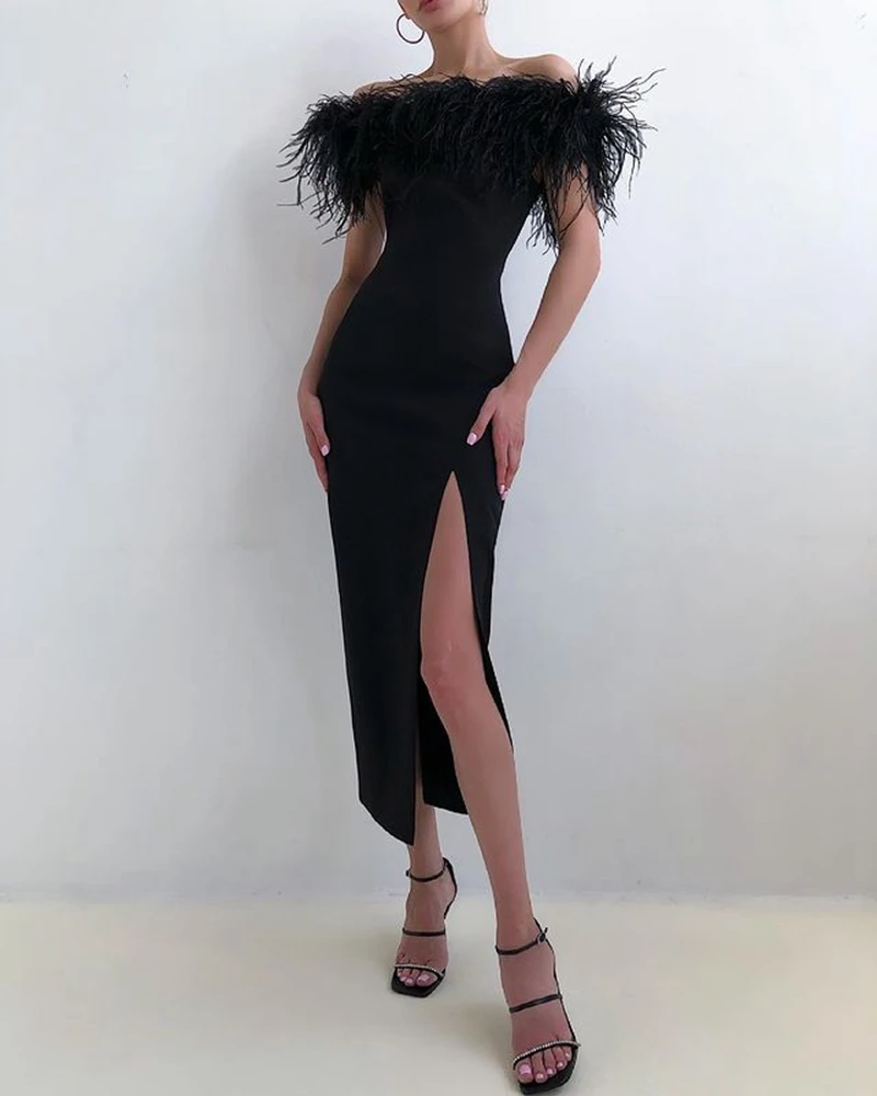 LORIE Straight Four-way Stretch Tea-Length Evening Dresses 2021 Prom Dress With Feather Side Slit Vestidos De Fiesta Party Gowns