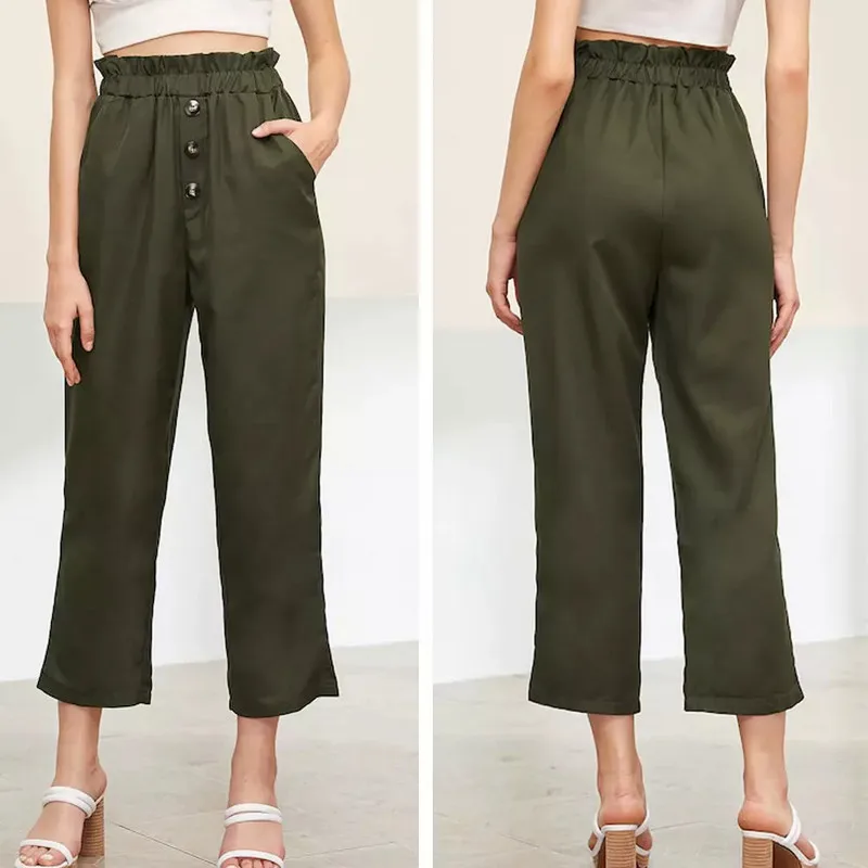 Trendy Women Summer High Waist Frill Waist Button Front Straight Leg