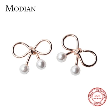 

Modian Rose Gold Color Fashion Bowknot Pearl Stud Earrings For Women Real 925 Sterling Silver Charm Tiny Cute Exquisite Jewelry