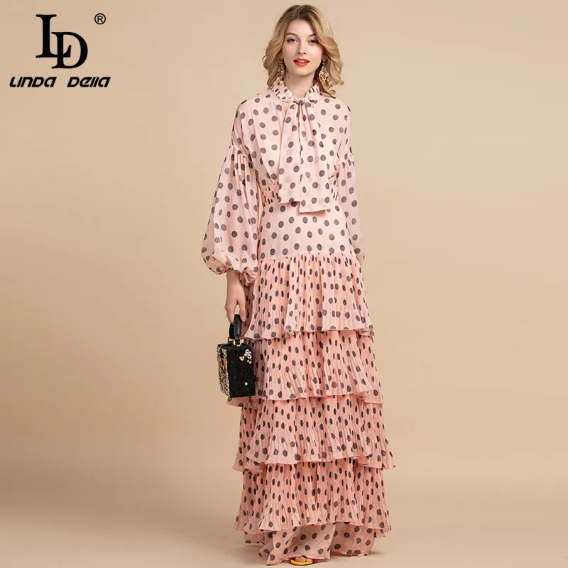 

LD LINDA DELLA 2020 Spring Fashion Designer Maxi Long Dress Women's Bow Halter Tiered Polka Dot Print Elegant Party Dress Gown