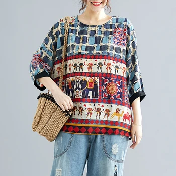 

Make loose bump color restoring ancient ways short sleeve T-shirt female national printed leisure render unlined upper garment (