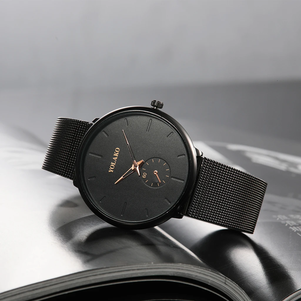 YOLAKO мужские часы Топ бренд класса люкс кварцевые часы мужские повседневные тонкие черные сетчатые стальные спортивные часы Relogio Masculino