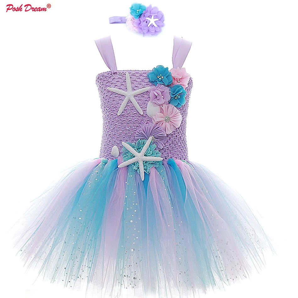 Lavender Flower Children Kids Girls Birthday Party Dresses Sparkly Tulle Sea Star Toddler Baby Clothes for | Детская одежда и