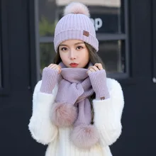 Зимняя шапка с кроличьим мехом, перчатки, шарф, наборы, утолщенная плюшевая шерсть, теплая шапка s, женская вязаная шапка, уличная ветрозащитная Ушная Лоскутная широкий берет-Боб