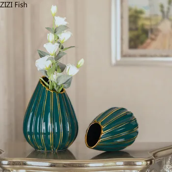 

Ceramic Vase Decoration Emerald Golden Grain Road Oblique Mouth Artificial Flower Arrangement Ornament Home Furnishings