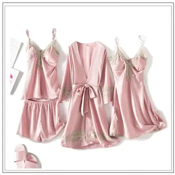 

Solid Pink Bride Bridesmaid Wedding Robe 4PCS Nightwear Sexy Casual Sleepwear Kimono Bath Gown Women Satin Sleep Set Homewear