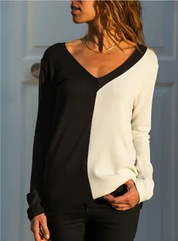 

girls style autumn patchwork sexy cute v-neck woman t-shirt sheath slim fashion female long sleeve t-shirt