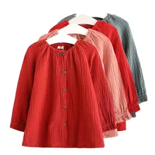 Весенне-осенняя одежда; детская льняная рубашка для девочек; Детские рубашки с длинными рукавами; топы; Футболка с оборками; удобная блузка на пуговицах; От 3 до 9 лет