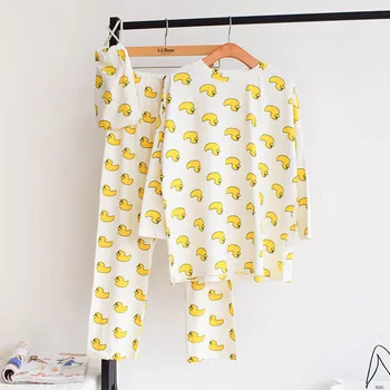 

New Pure Cotton Women's Pajamas Round Neck Pullover Cute Little Yellow Duck Print Pyjamas Femme Sleepwear Suit Dames Pyjama