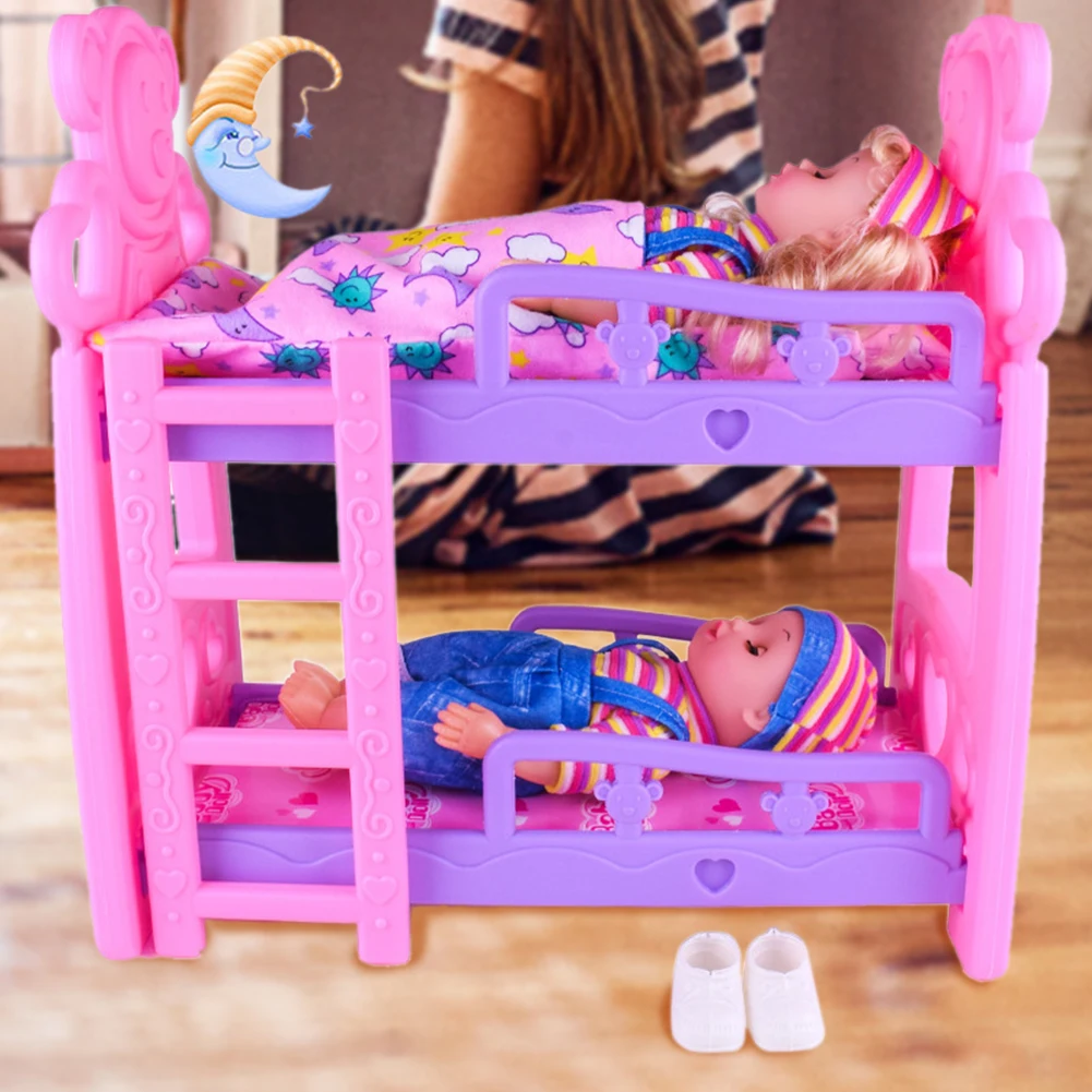 Cute Hot Pink Dolls House Plastic Bunk Bed Play House Kids Toys Assembly Doll Furniture Accessories Toys For Children Cute Hot Pink Dolls House Plastic Bunk Bed Play House Kids Toys Assembly Doll Furniture Accessories Toys For Children