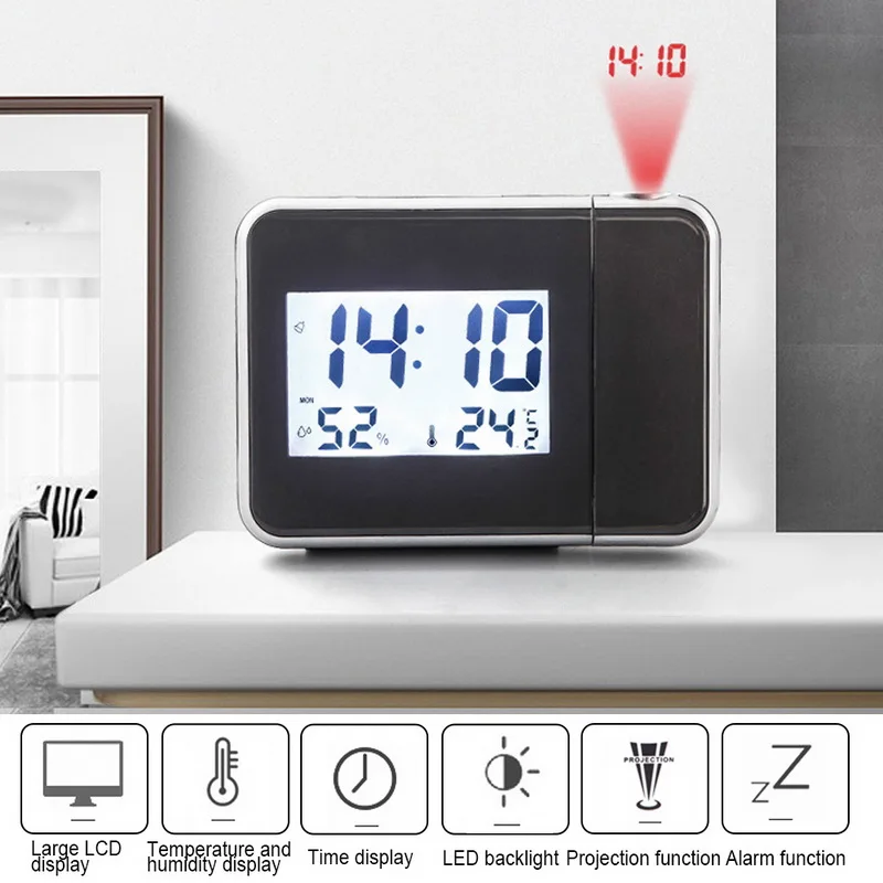 Projection Alarm Clock Digital Clock Projector With LCD Big Screen Temperature Date Display For Home Office 15.7x12x6.2cm