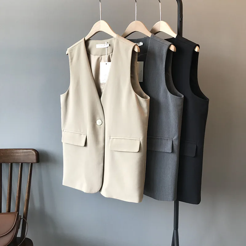 

Pure color one button V-neck vest women 2020 autumn British style simple classic design chic unisex minimalist jacket