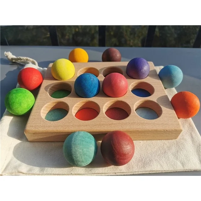 Kids Wooden Toys Color Sorting Wood Balls Rainbow & Pastel Sphere with Tray Unpaint Cup Montessori Peg Dolls and Rings 2