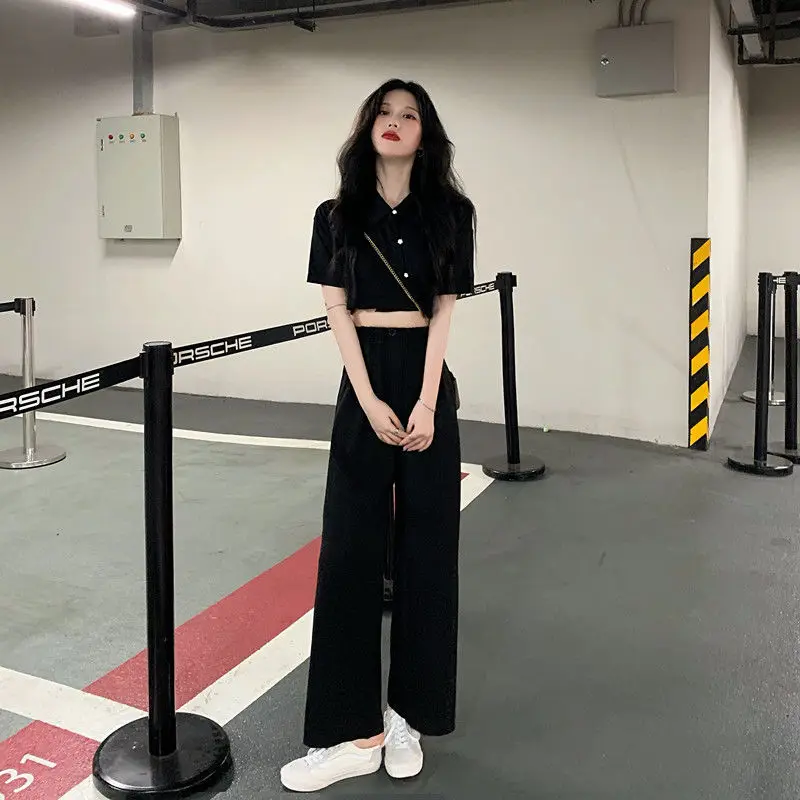 Summer Harajuku High Waist Wide Leg Trouser Suits Retro Women's Korean Street Solid Black Baggy Short Sleeve Blouses Loose Pants