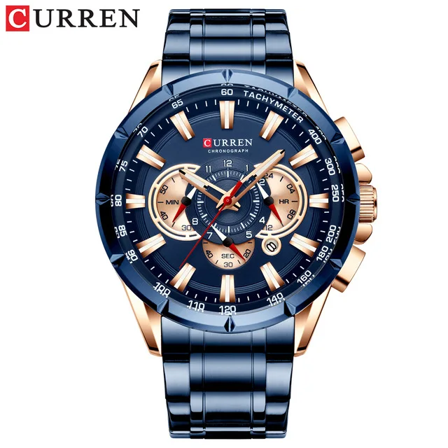 Спортивные часы, мужские роскошные брендовые кварцевые часы CURREN из нержавеющей стали с хронографом и датой, наручные часы, модные деловые мужские часы - Color: blue