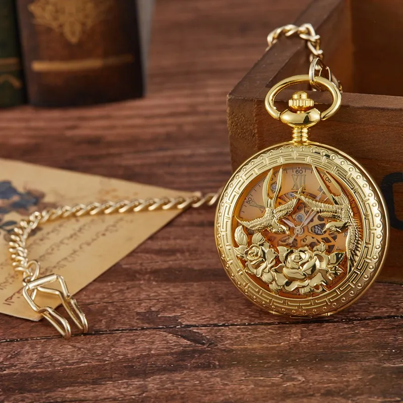 Gorben Retro Silver/Gold Skeleton Hand Winding Mechanical Steampunk Pocket Watch Pendant Necklace Chain FOB Watches - Цвет: Gold