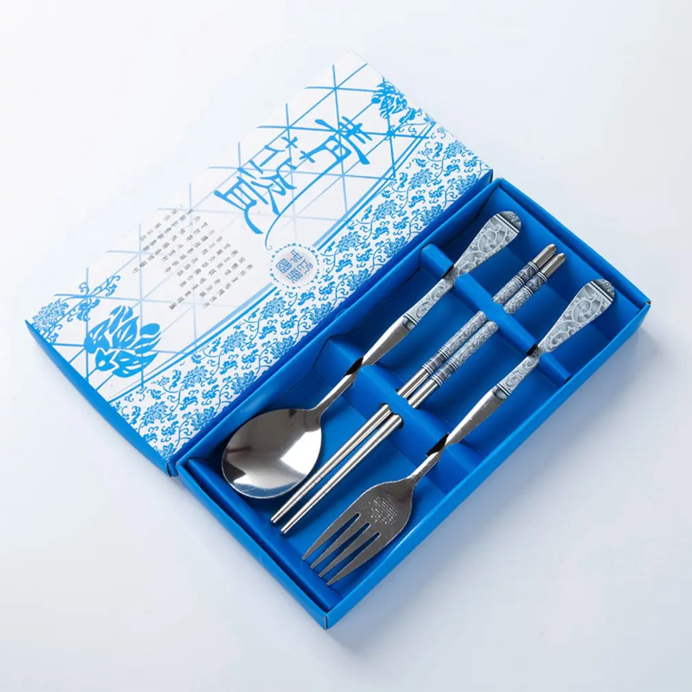 Синий и белый фарфоровый набор столовых приборов, набор из трех предметов, палочки для еды из нержавеющей стали, ложка, вилка, подарочный набор, подарок,, Прямая поставка - Цвет: Синий