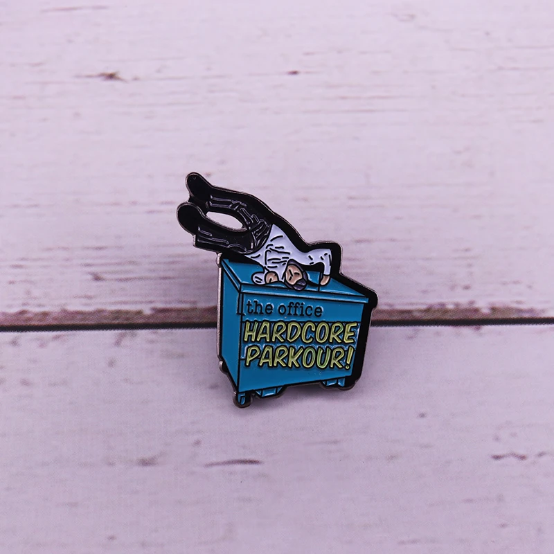 

The office Hardcore parkour lapel pin backflip into the trash can funny badge