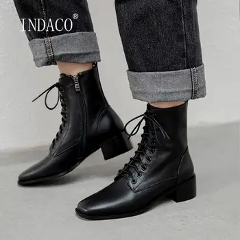 

2020 New Women Boots British Thick Heels Cross-tied Ankle Boots For Women Leather Square Toe Warm Boots Female Shoes Side Zipper