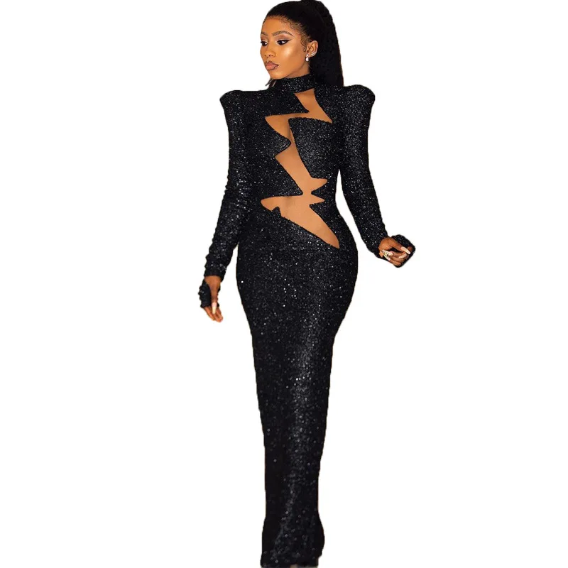 

Black Sequin Bodycon Dress Women African Clothes Evening Party Long Dress Perspective Mesh Patchwork Maxi Dress Robe