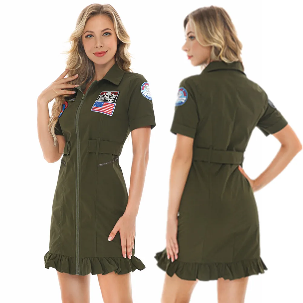 Sexy Femminile American Airforce Pilot Uniform Army Green Military Flight Pilot Costume Halloween Donne Adulte Cosplay Fancy Dress