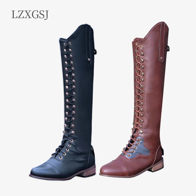 Precio Especial Botas de montar de cuero occidental hasta la rodilla para mujer, zapatos de tacón cuadrado con cordones, color negro y marrón, Botas Largas Otoño, talla 43 Erb1ejXzqzk