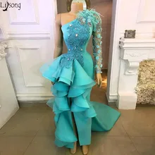 Бирюзовый цветок кружева Русалка Вечерние платья Реальное изображение будет перо Кристалл Сторона Сплит Выпускные платья Вечерние платья с оборками