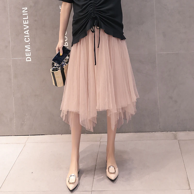 Autumn Maternity Irregular Belly Skirt Solid Color High Waist Pregnant Women Sweet Lace Skirts Double Layers Mid-Calf Skirt