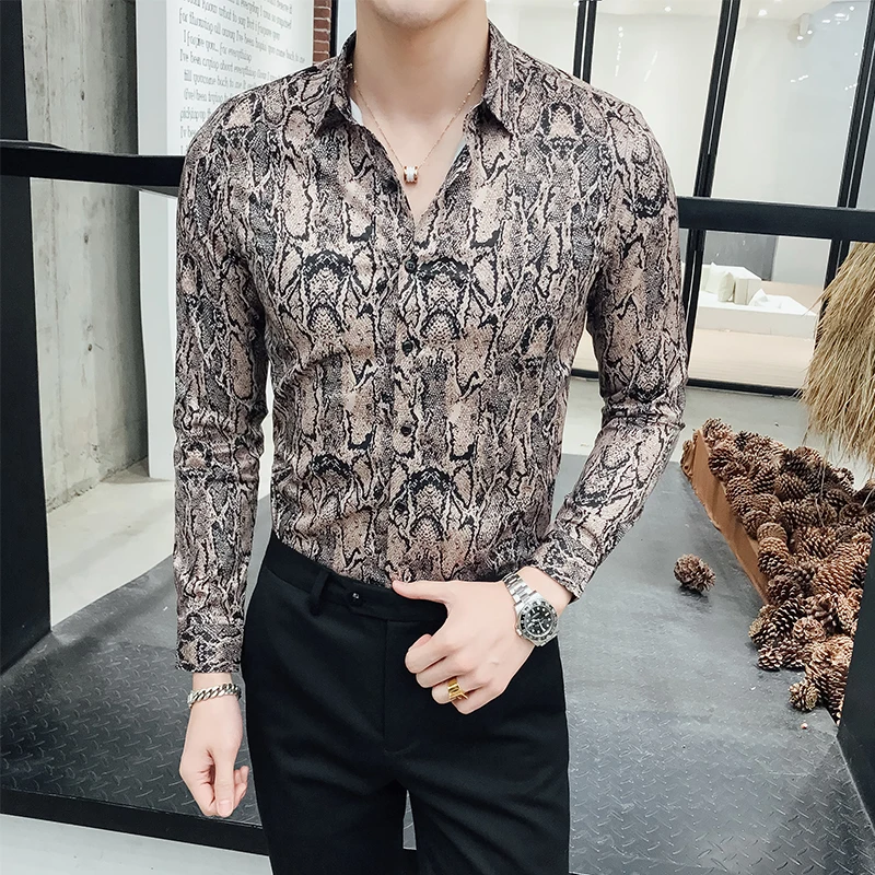 

2020 Spring Snake Grain Printing Man Self-cultivation Long Sleeve Leisure Time Formal Shirts For Men Camisa Slim Fit Masculina