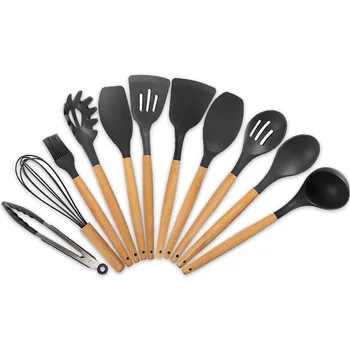 

11 Pcs Cooking Cookware Set Multifunction Scoop Silicone Whisk Non-stick Utensils Wooden Handle Hanging Heat-Resistant Shovel