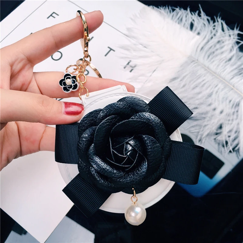 Модный лук брелок в форме камелии Портативный Макияж маленькая зеркальная сумка Подвеска женский автомобильный брелок - Цвет: black