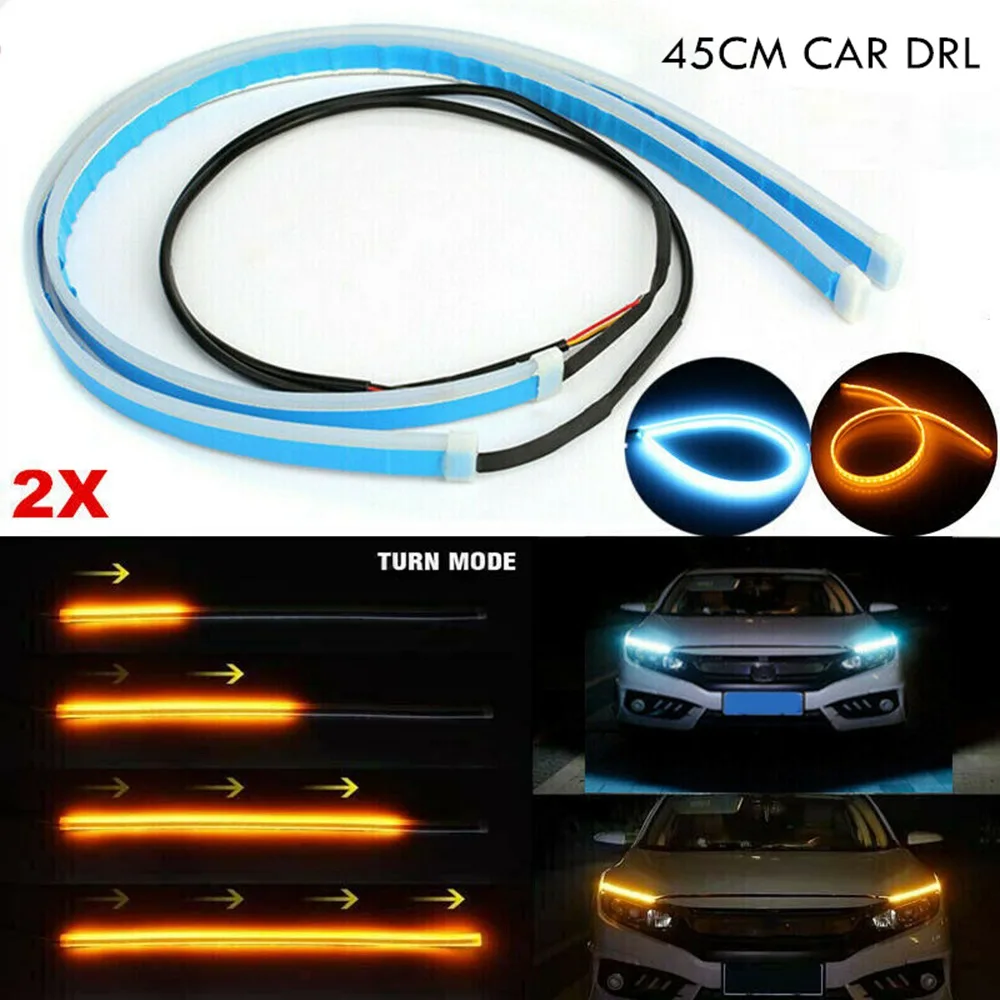 45cm Ice blue amber 2 шт. универсальный многоцветный 30 см 45 см тонкий плавный Поворотный Светильник s автомобильный ленточный светильник Гибкий Мягкий СВЕТОДИОДНЫЙ DRL лампа для автомобиля - Цвет: 45cm Ice blue amber
