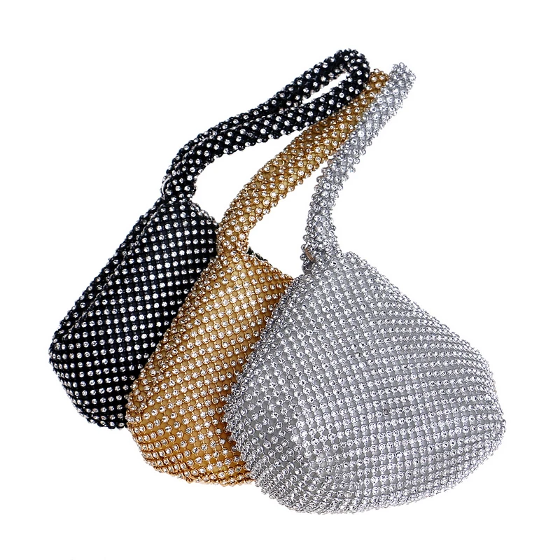 Three Soft Rhinestone Small Evening Bags on a white background.