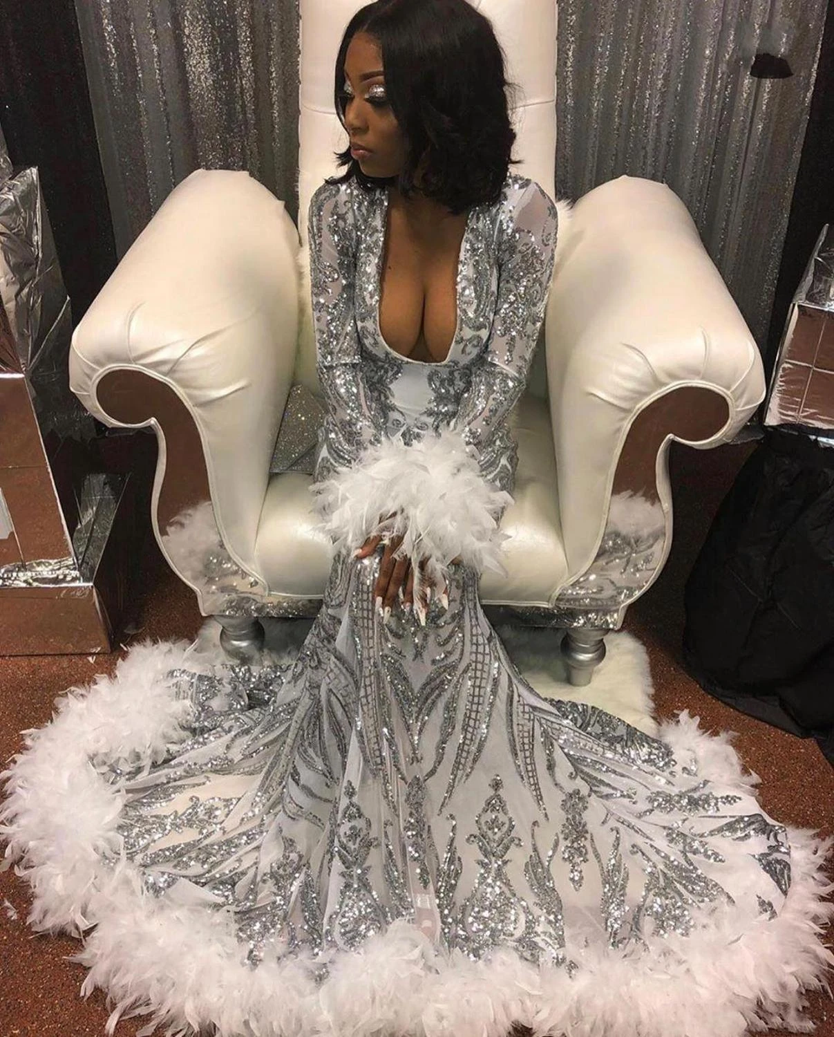 white feather sequin dress