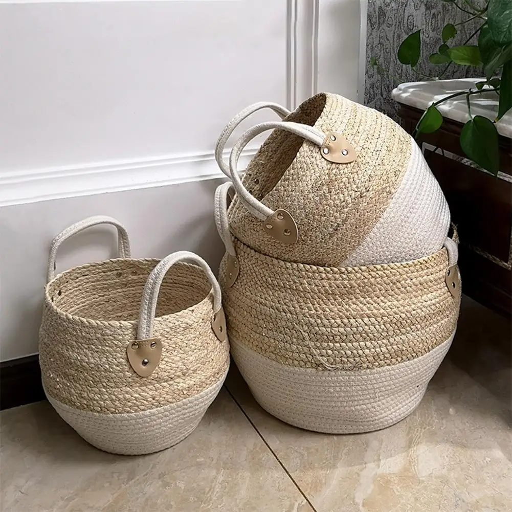 

2 Colors Natural Woven Storage Basket Multi-purpose Desktop Storage Box Durable Toy Sundries Straw Storage Basket With Handle